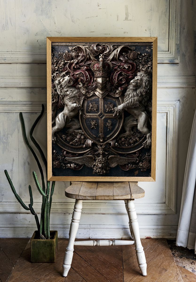 Baroque Heraldic Lions Vintage Print. room preview