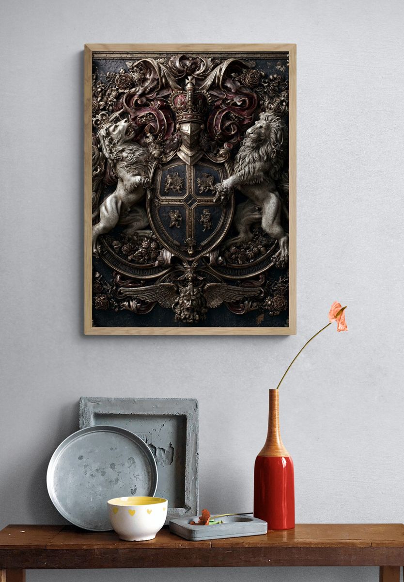 Baroque Heraldic Lions Vintage Print. — room view 3