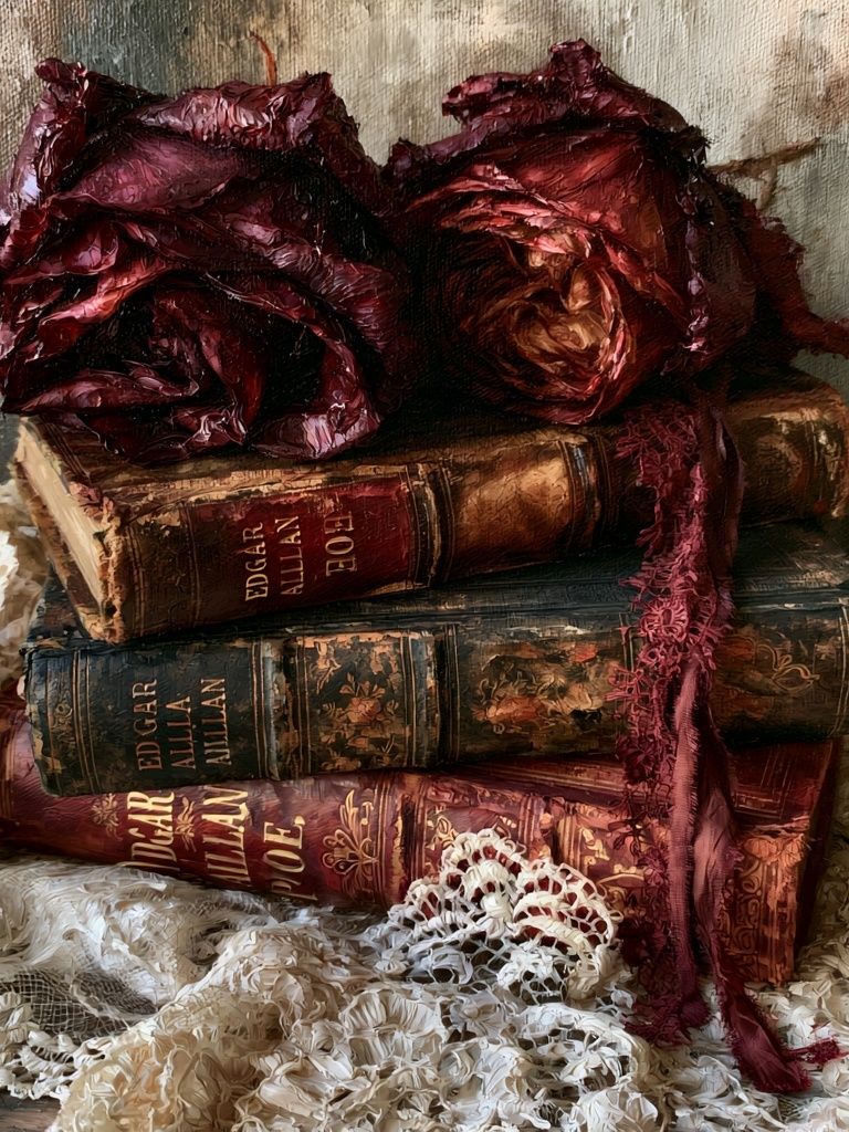 Vintage Books and Roses Still Life Print. poster detail