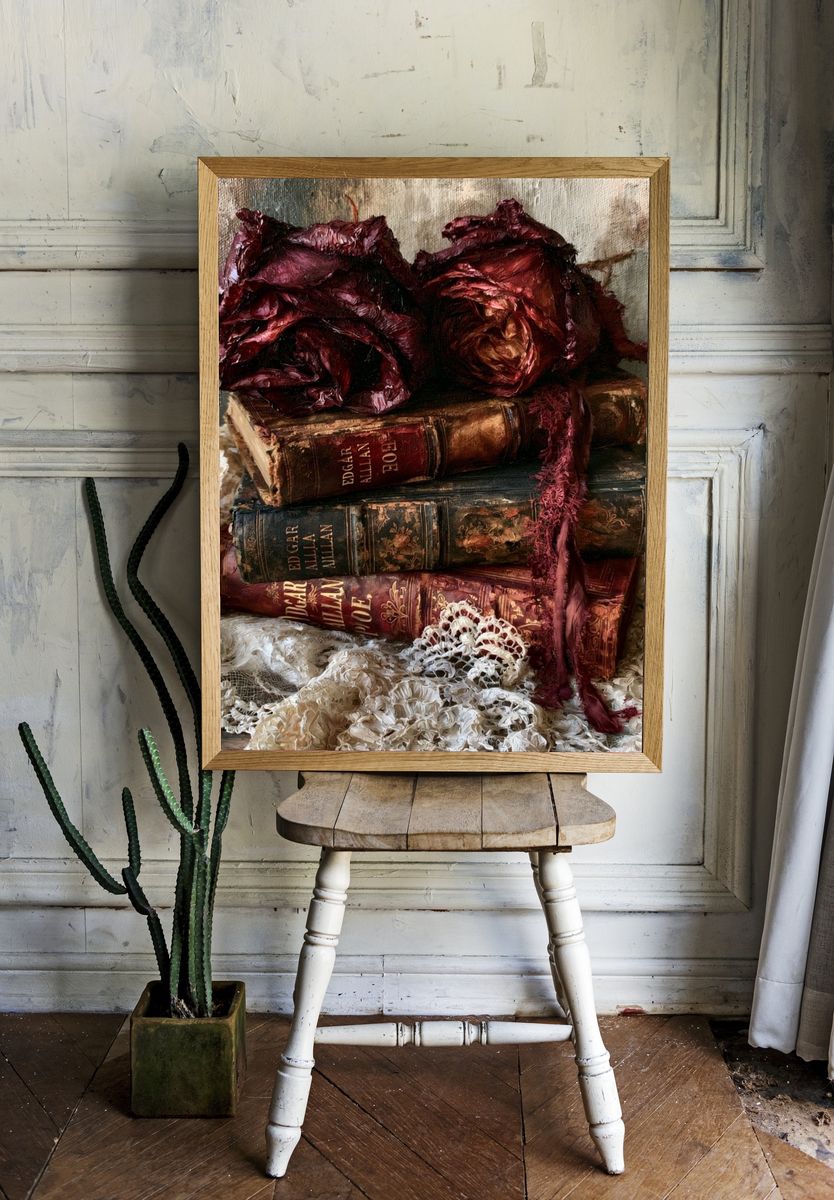 Vintage Books and Roses Still Life Print. room preview