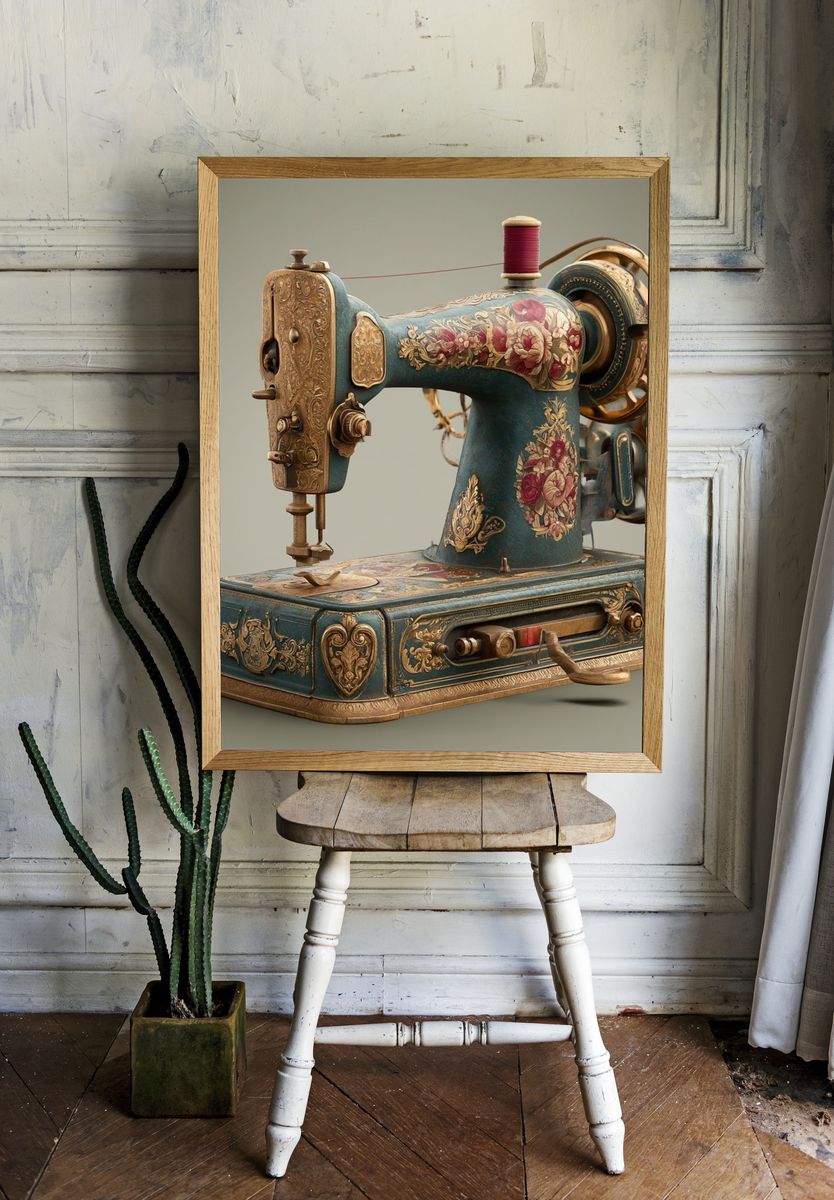 Ornate Vintage Sewing Machine Poster. — room view 1