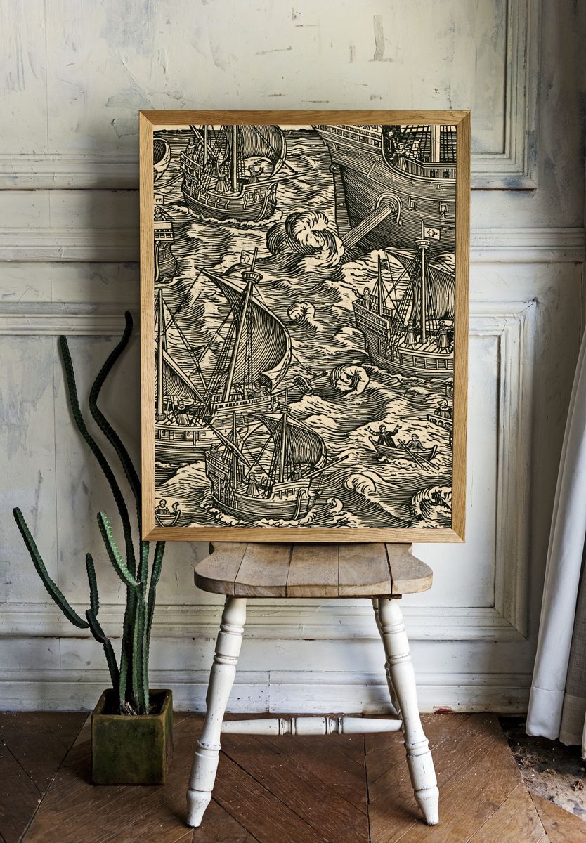 Woodcut Sailing Fleet Poster. — room view 1