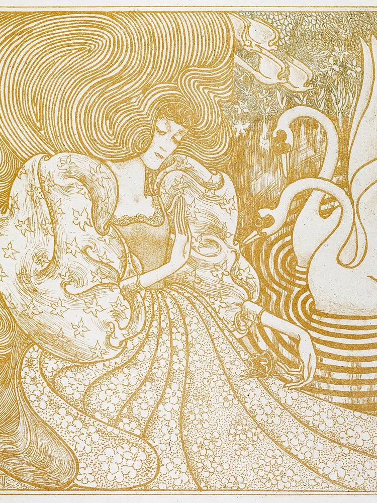 Woman Butterfly Pond Two Swans. poster — vintage art