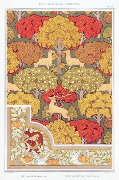 Cerfs et arbres, papier peint. poster