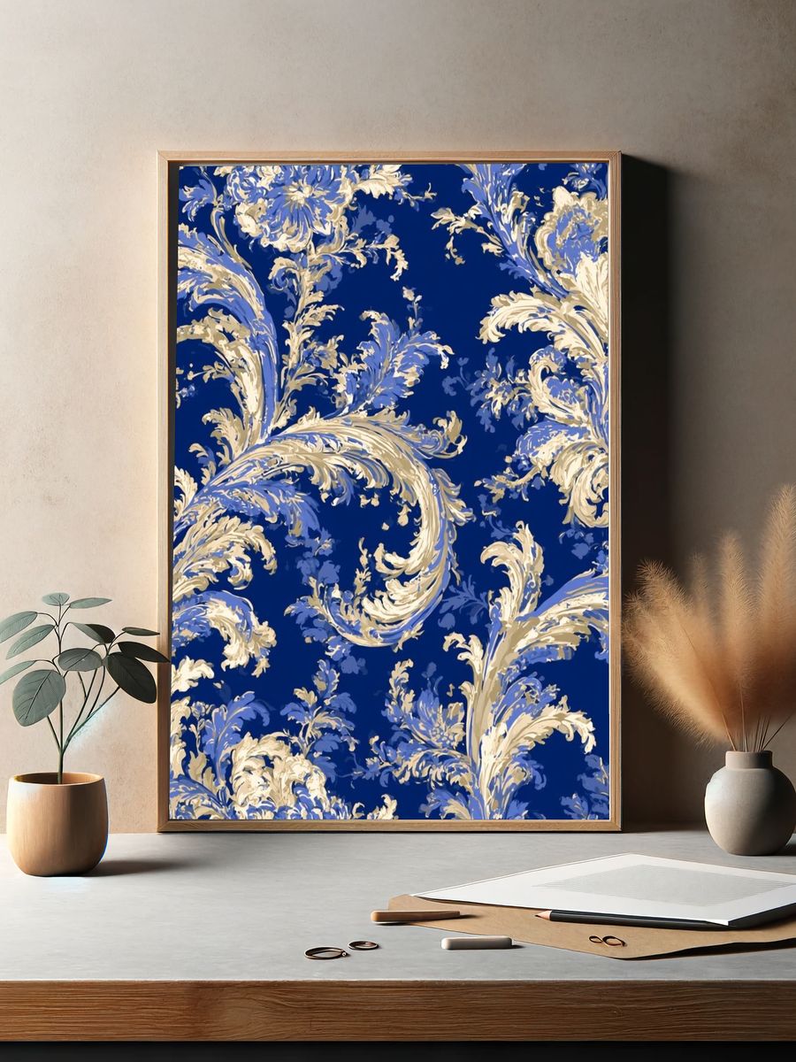 Blue Damask Pattern Poster. — room view 2
