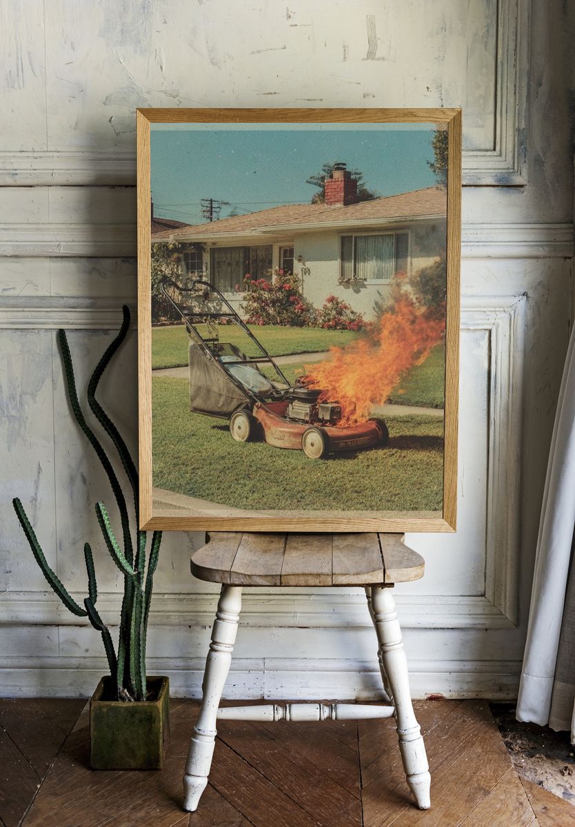 Burning Lawn Mower Vintage Print room preview
