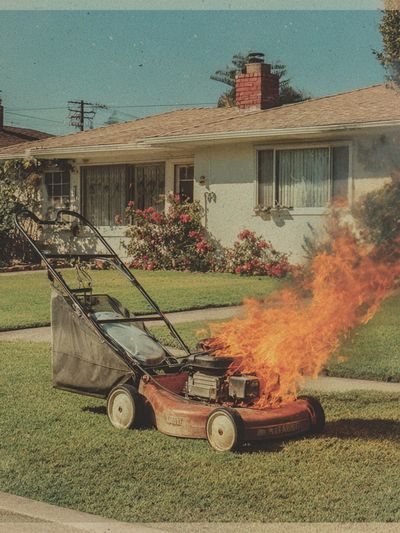Burning Lawn Mower Vintage Print