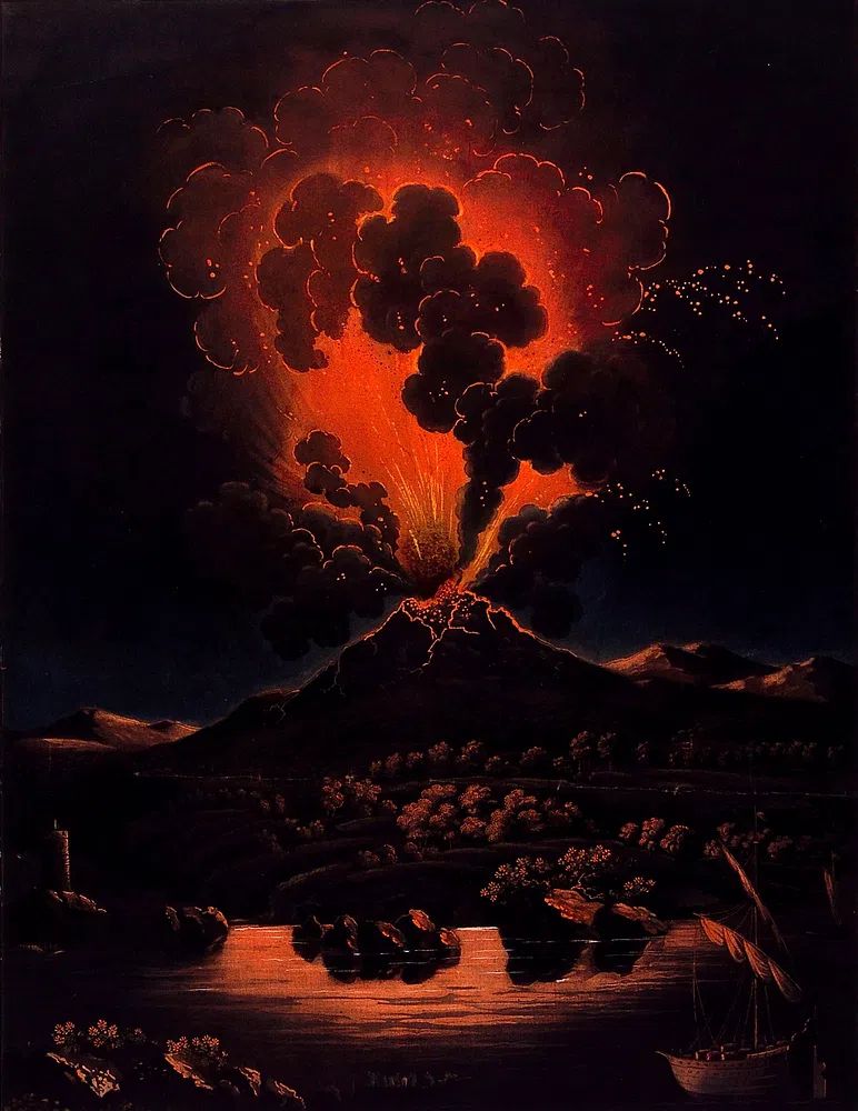 Eruption Mount Etna night; people. poster — fine-art art
