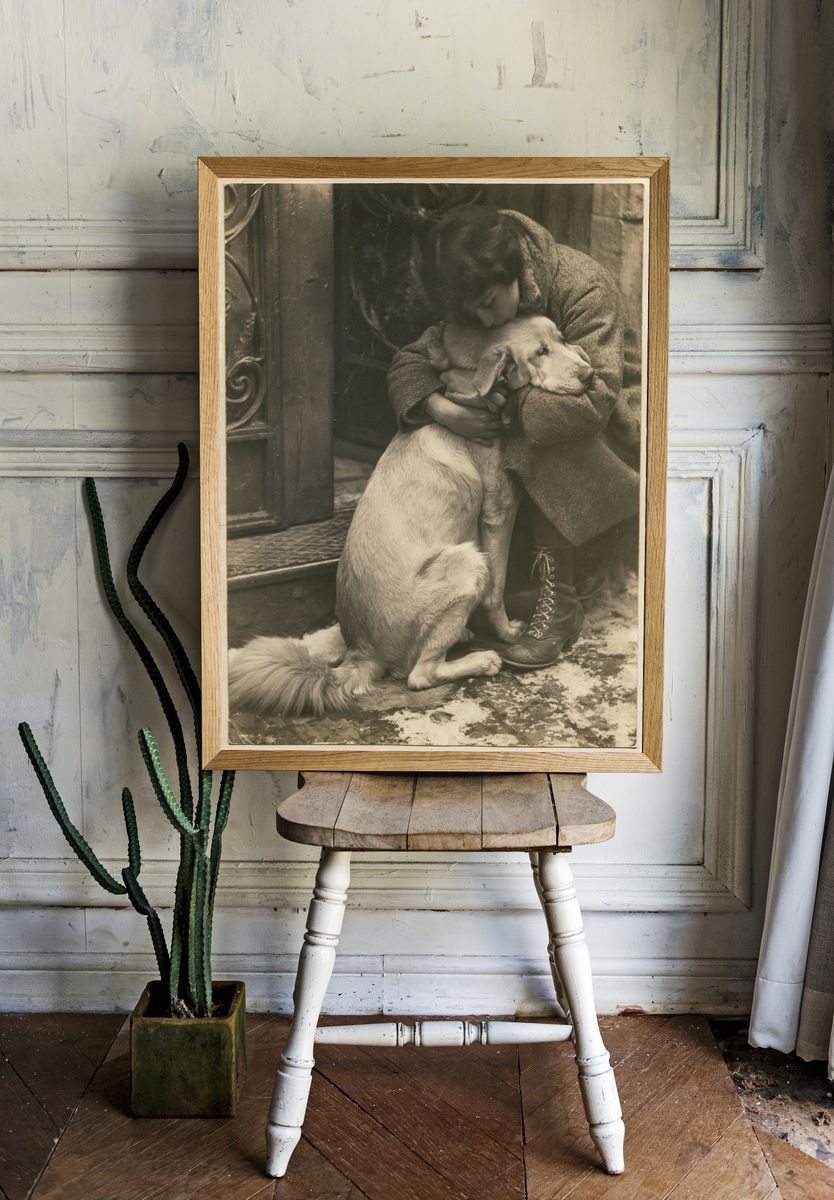Girl Hugging Dog Vintage Photo Print. — room view 1