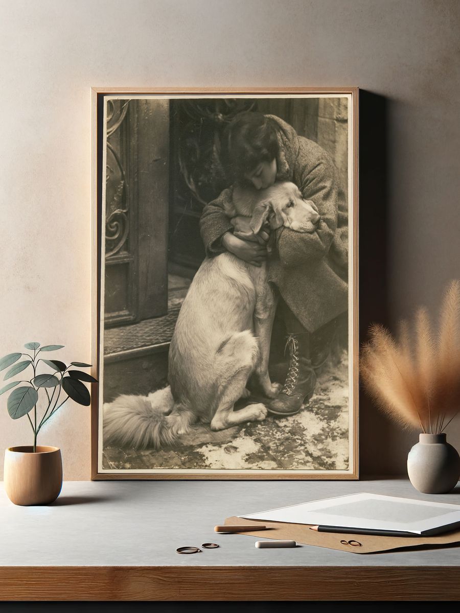 Girl Hugging Dog Vintage Photo Print. — room view 2