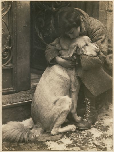 Girl Hugging Dog Vintage Photo Print. poster
