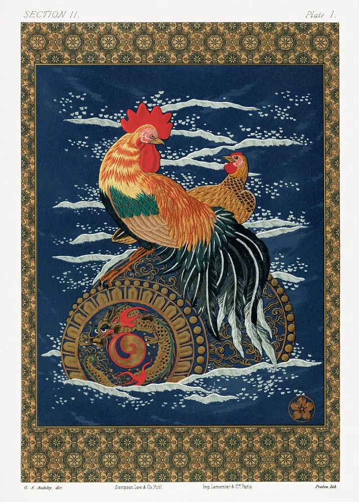 Colorful Rooster and Hen — Vintage Print. poster detail