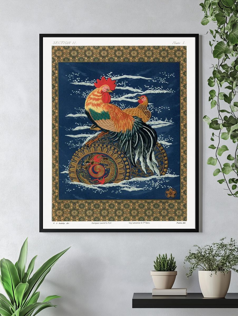Colorful Rooster and Hen — Vintage Print. — room view 4