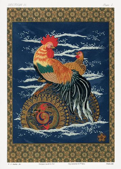 Colorful Rooster and Hen — Vintage Print. poster