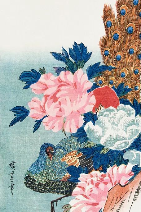Peacock and Flowers — Vintage Print. poster detail