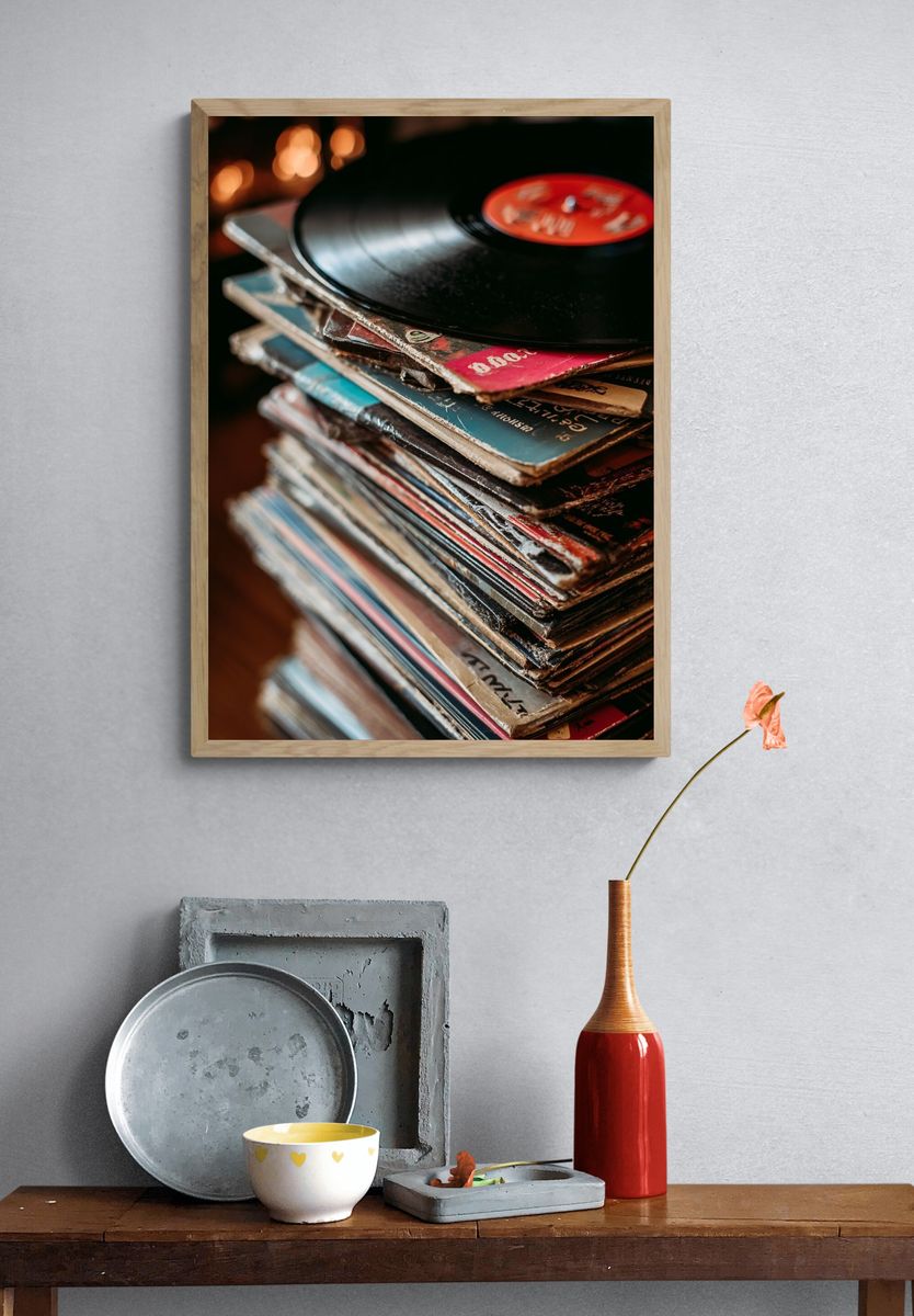 Vinyl Records Stack — Vintage Print. — room view 3