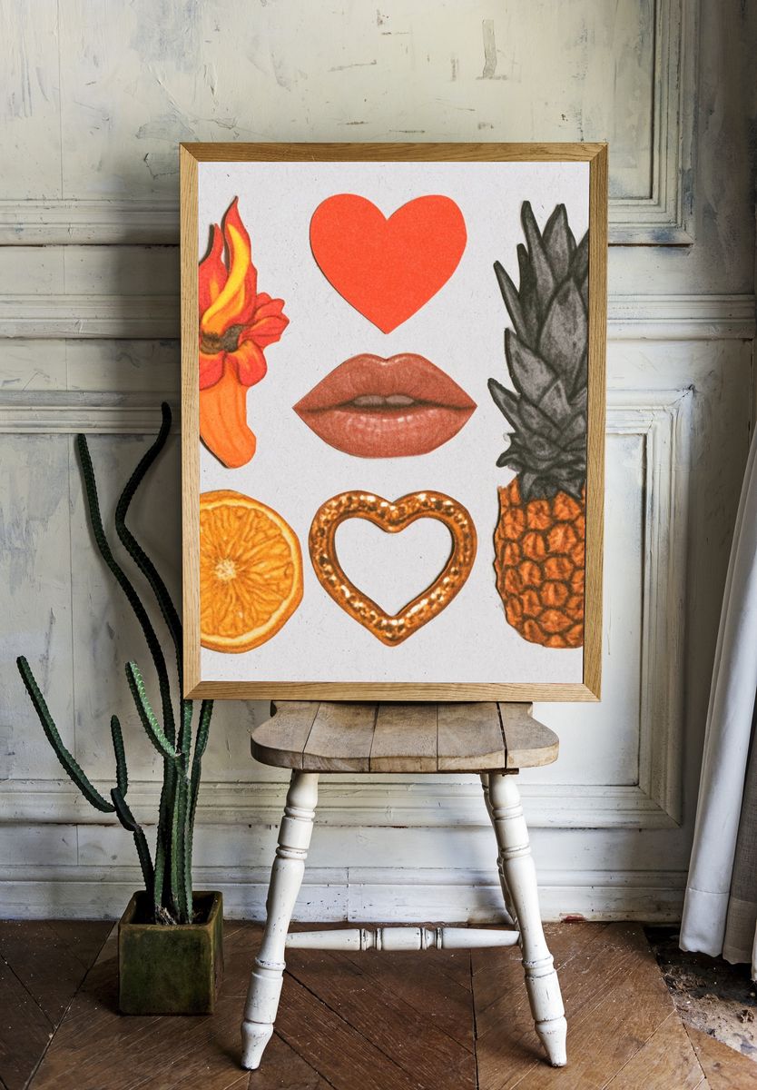 Retro Fruit and Heart Collage Poster. — room view 1