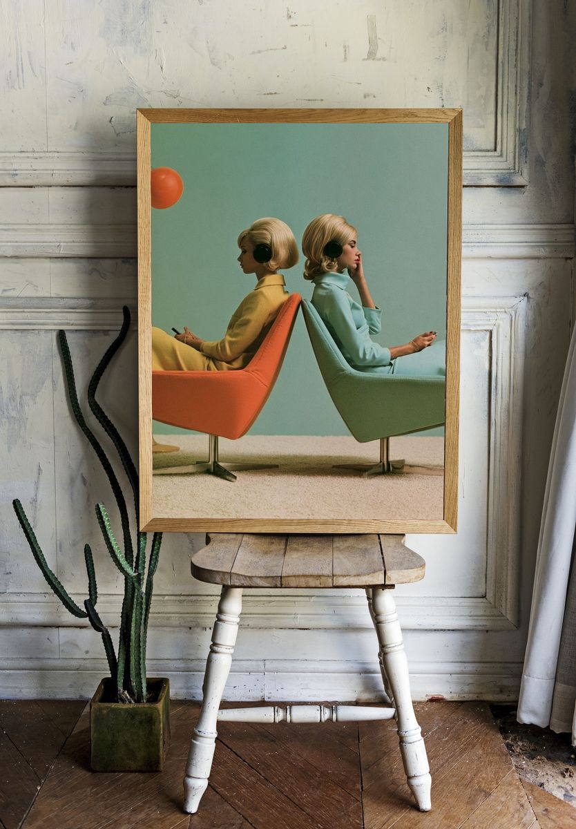 Retro Twin Women in Chairs Poster. room preview