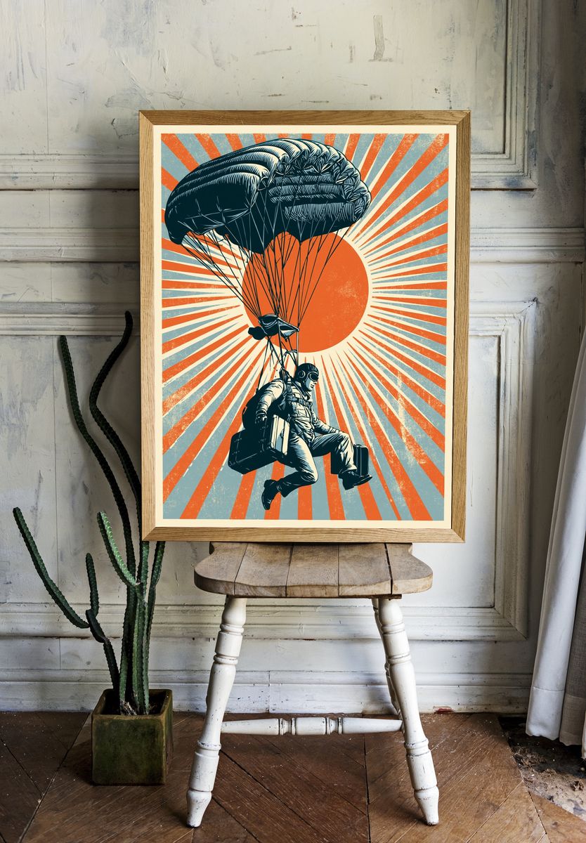 Paratrooper Sunburst Vintage Poster. room preview