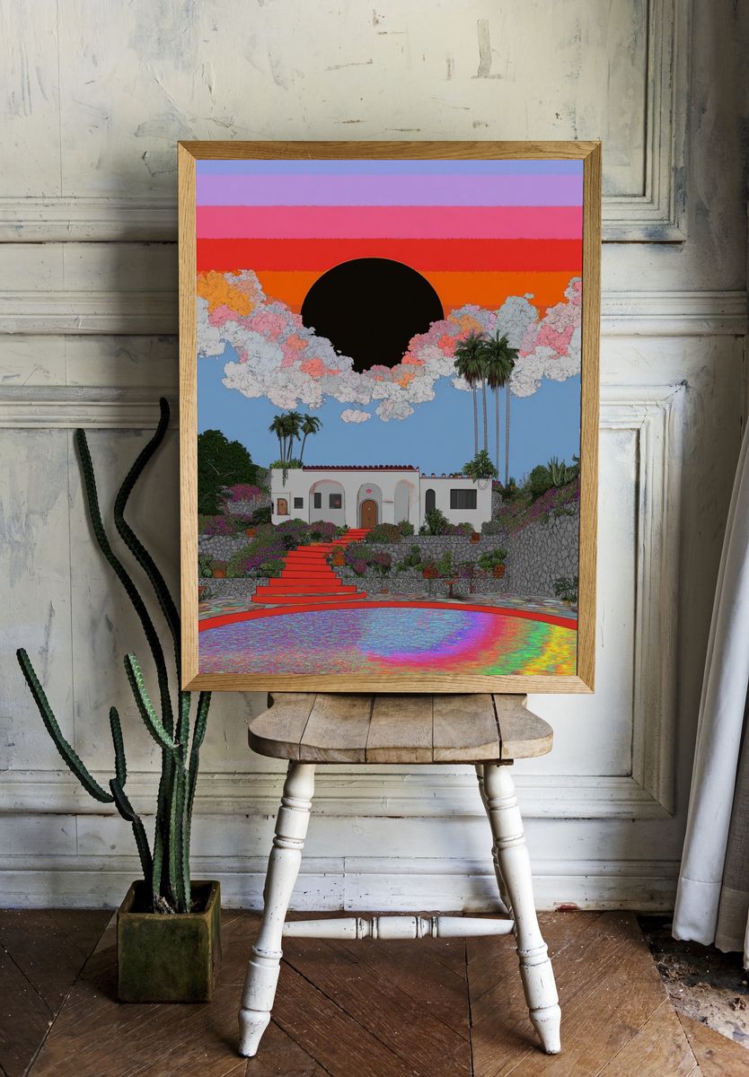 Vibrant Sunset Over House — Illustration Print room preview