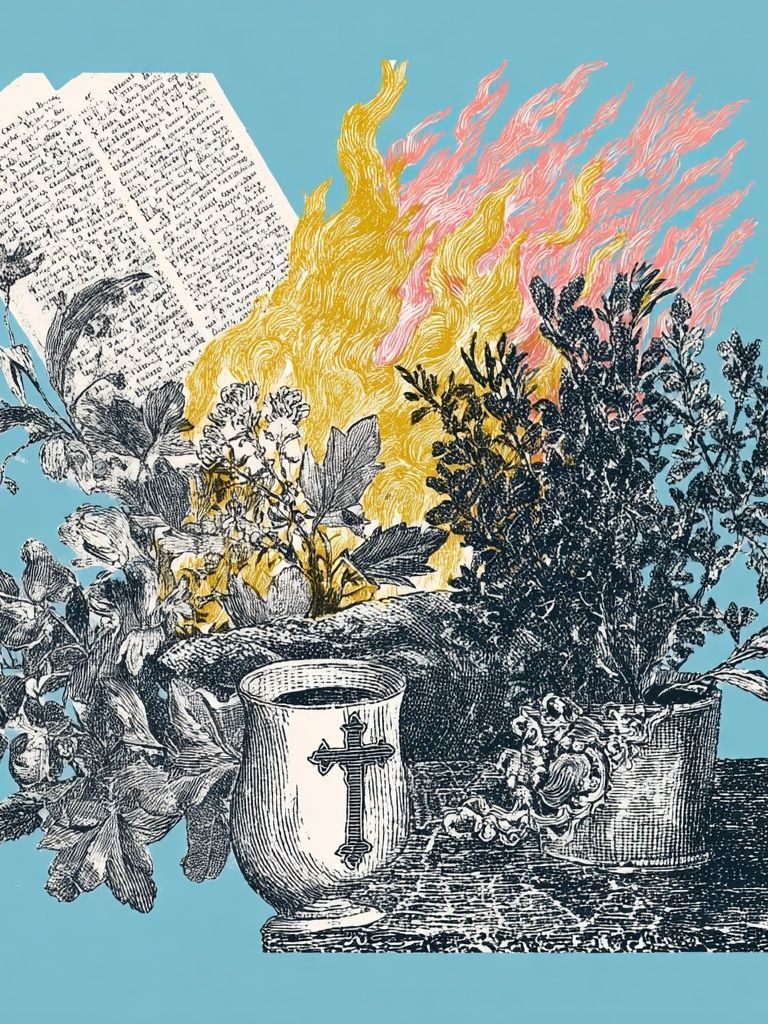 Floral Still Life with Flames — Vintage Print. poster detail