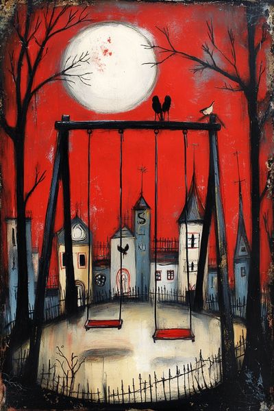 Moonlit Swing Set — Vintage Print. poster print
