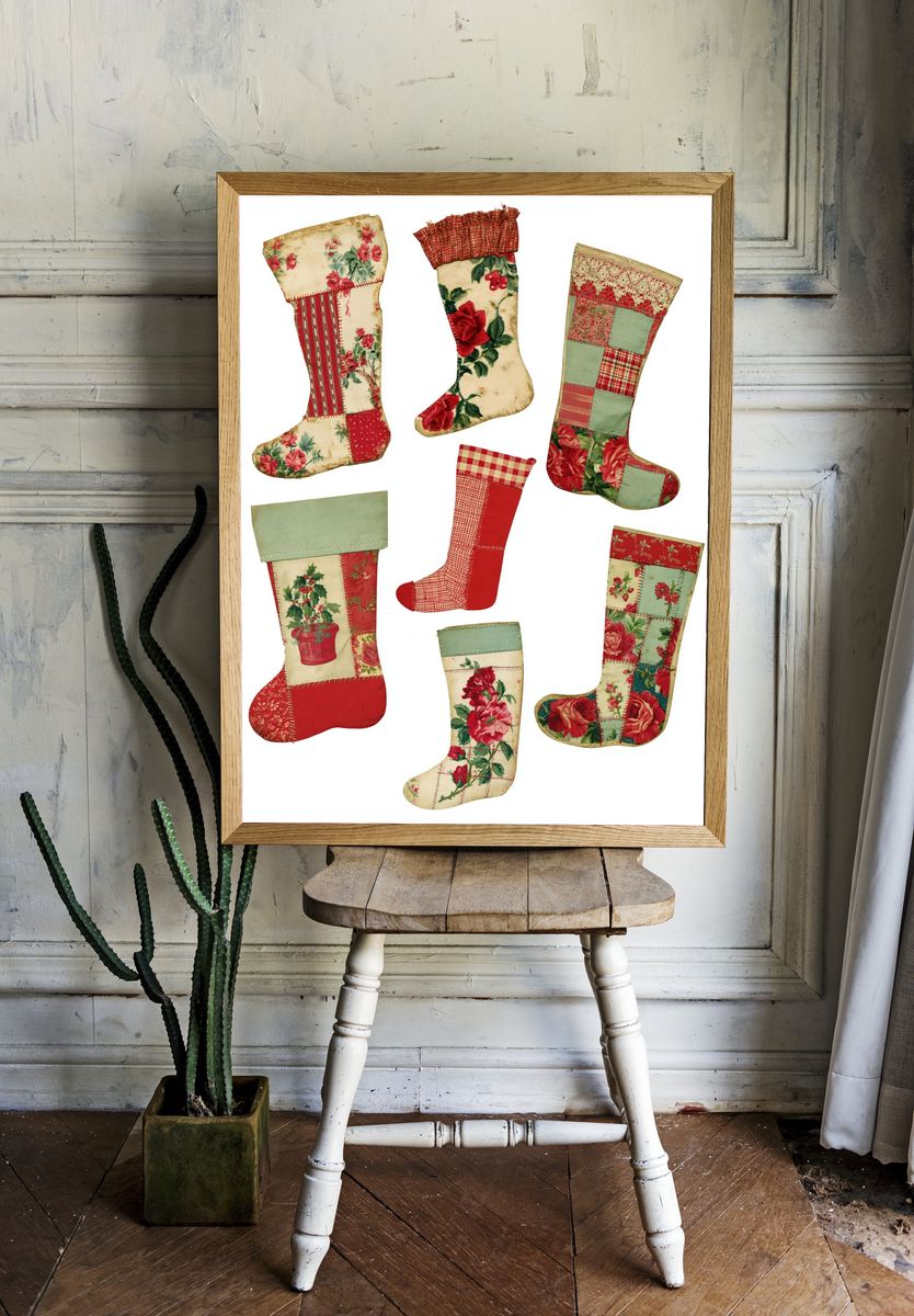 Vintage Patchwork Stockings Poster. — room view 1