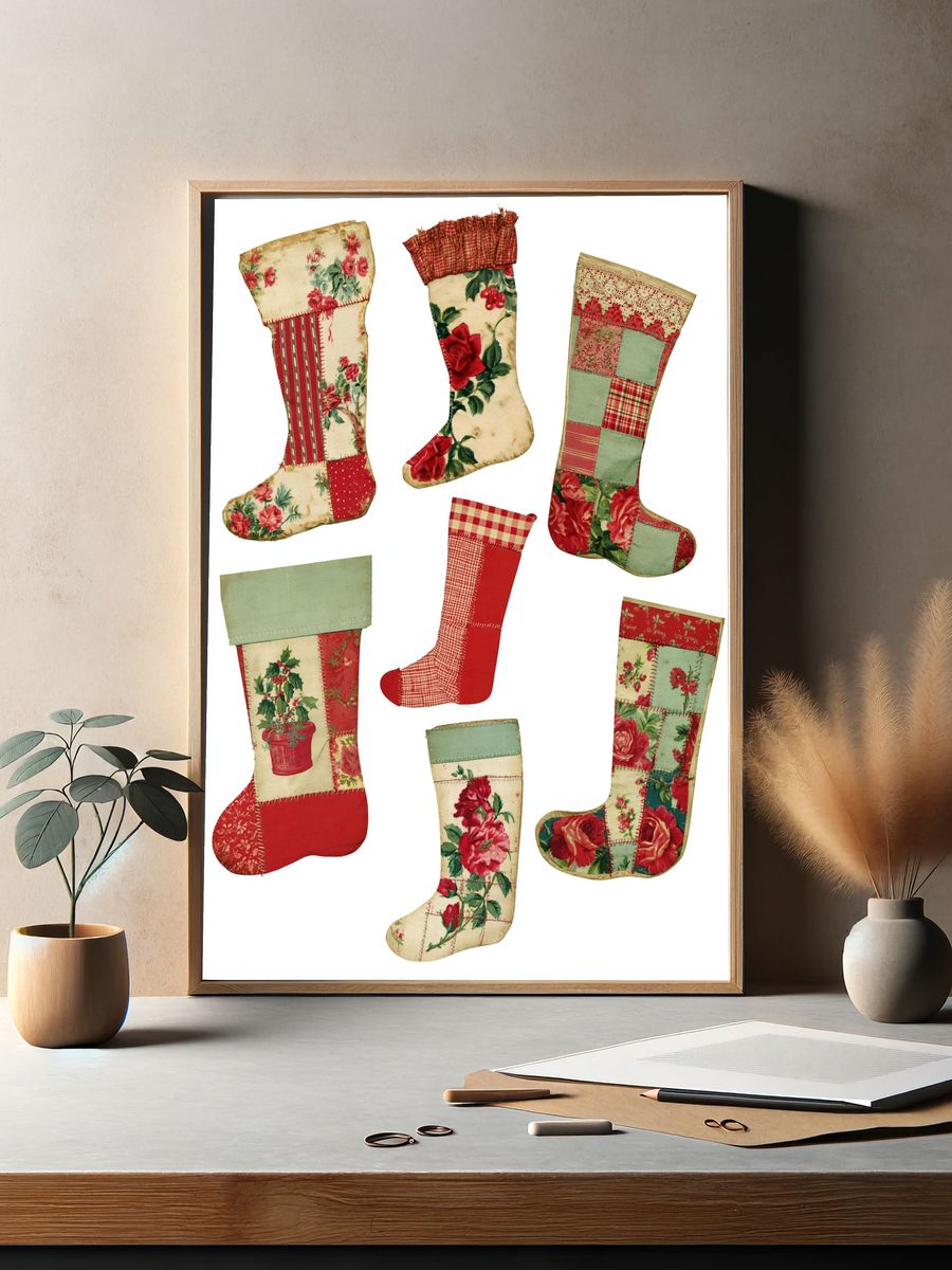 Vintage Patchwork Stockings Poster. — room view 2