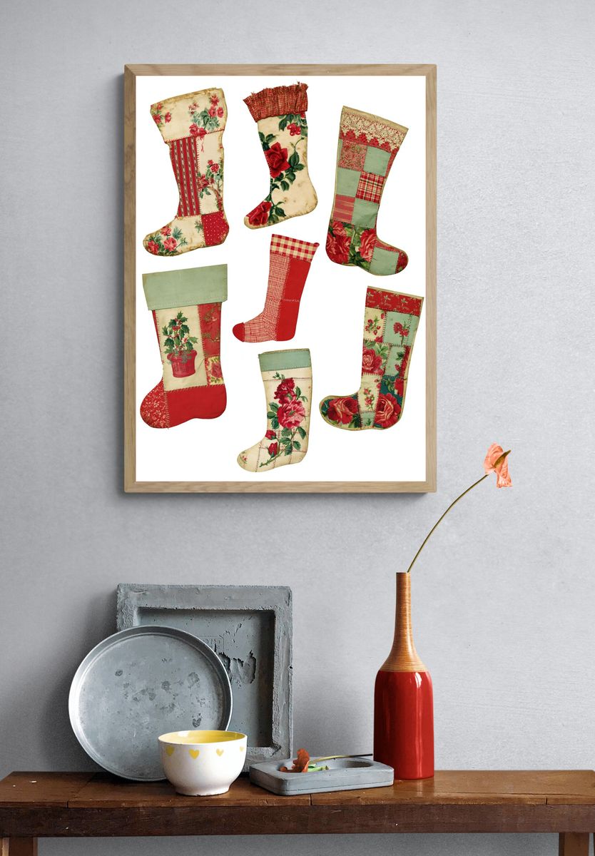 Vintage Patchwork Stockings Poster. — room view 3