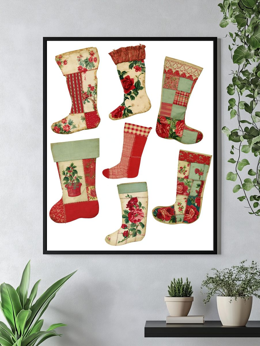 Vintage Patchwork Stockings Poster. — room view 4
