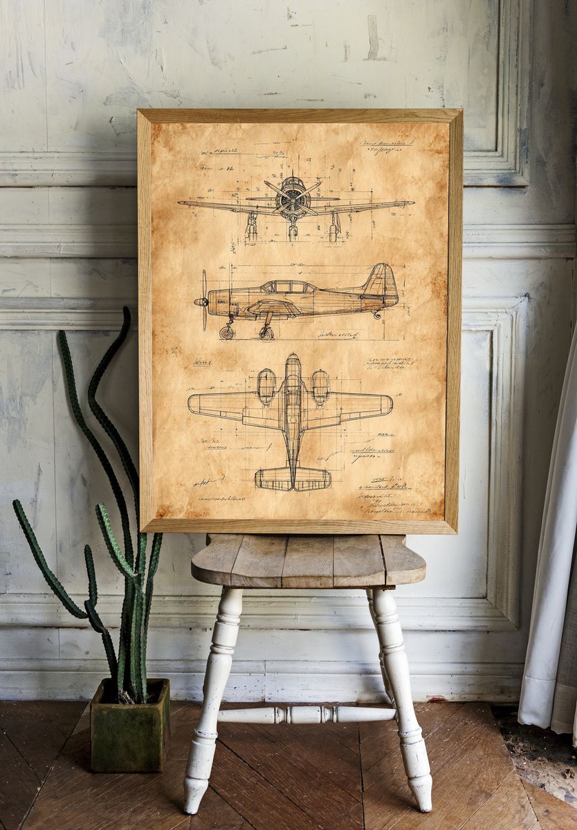 Vintage Airplane Blueprint Poster. — room view 1