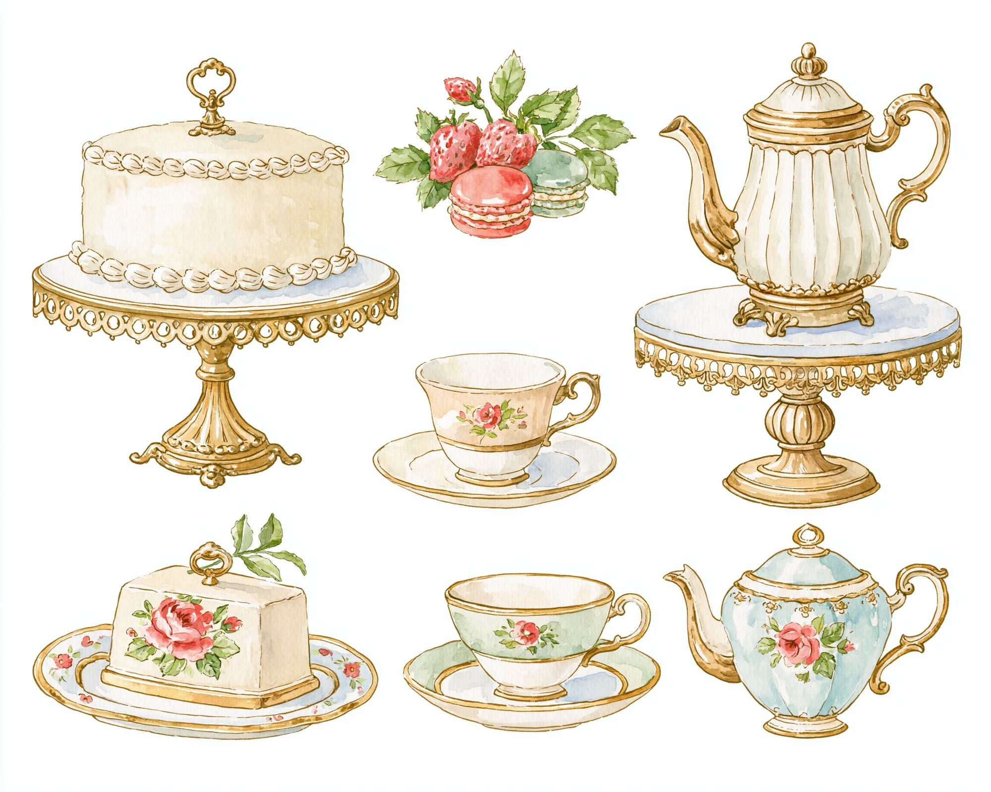 Vintage Tea Set Watercolor Poster. poster detail