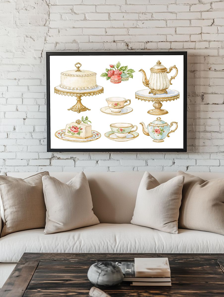 Vintage Tea Set Watercolor Poster. room preview
