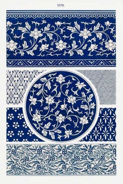 Blue flower pattern, Examples Chinese. poster