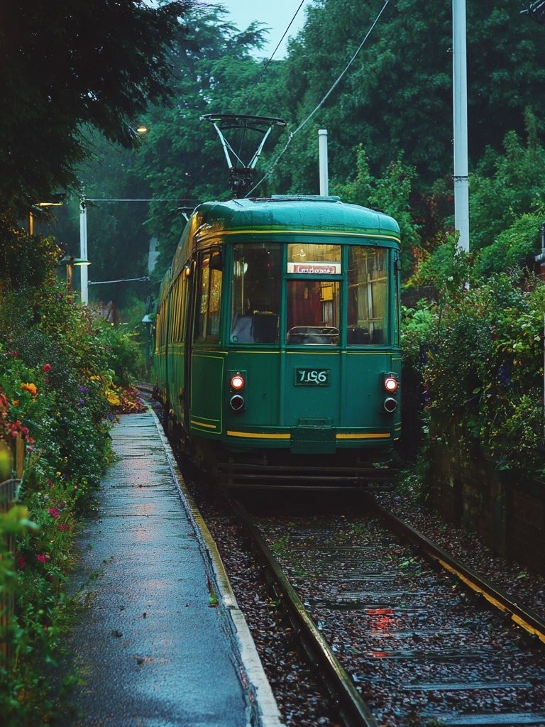 Vintage Tram in Rainy Street Poster. poster — vintage art