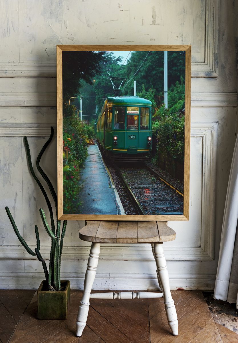 Vintage Tram in Rainy Street Poster. — room view 1