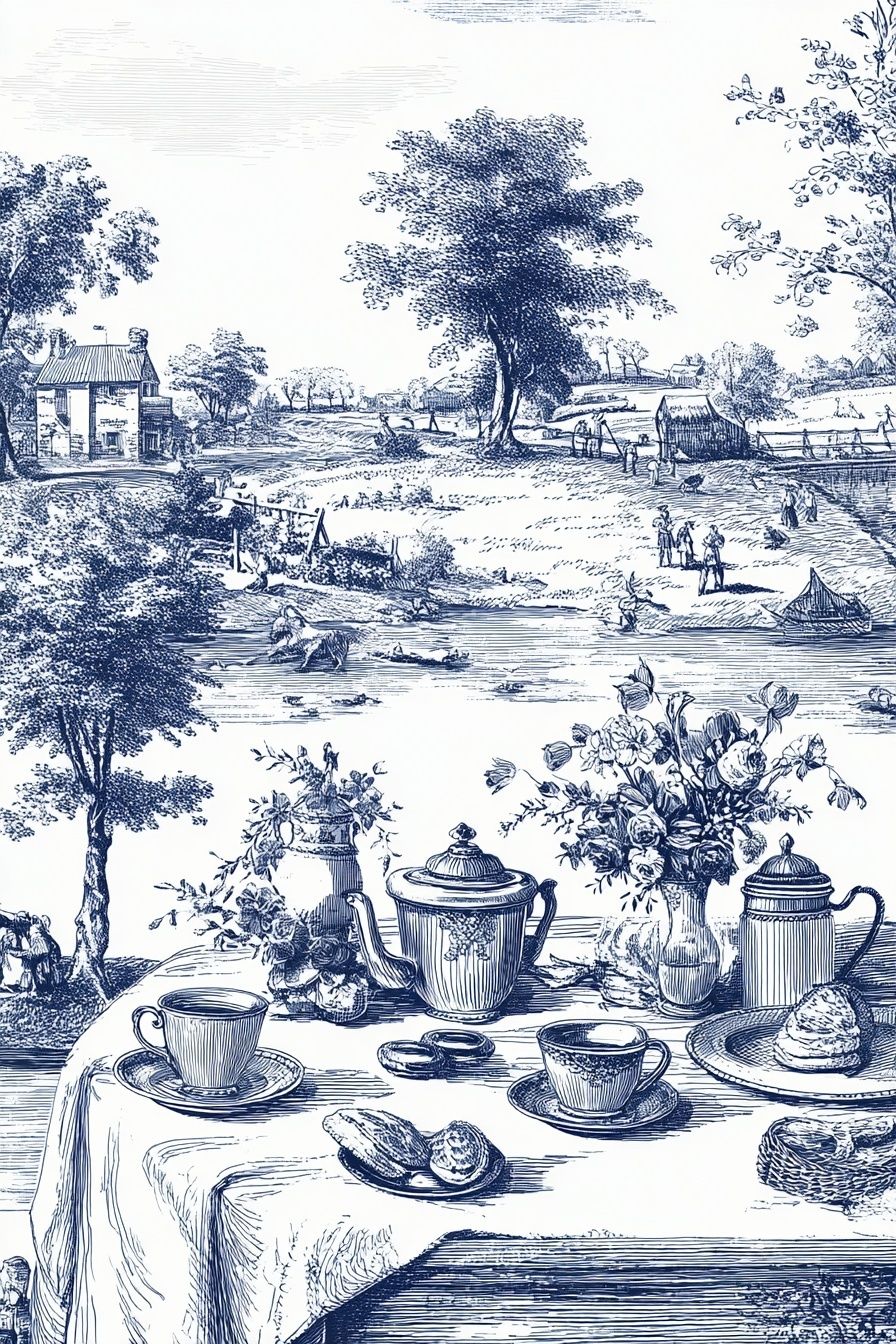 Tea Time in the Countryside — Vintage Print.