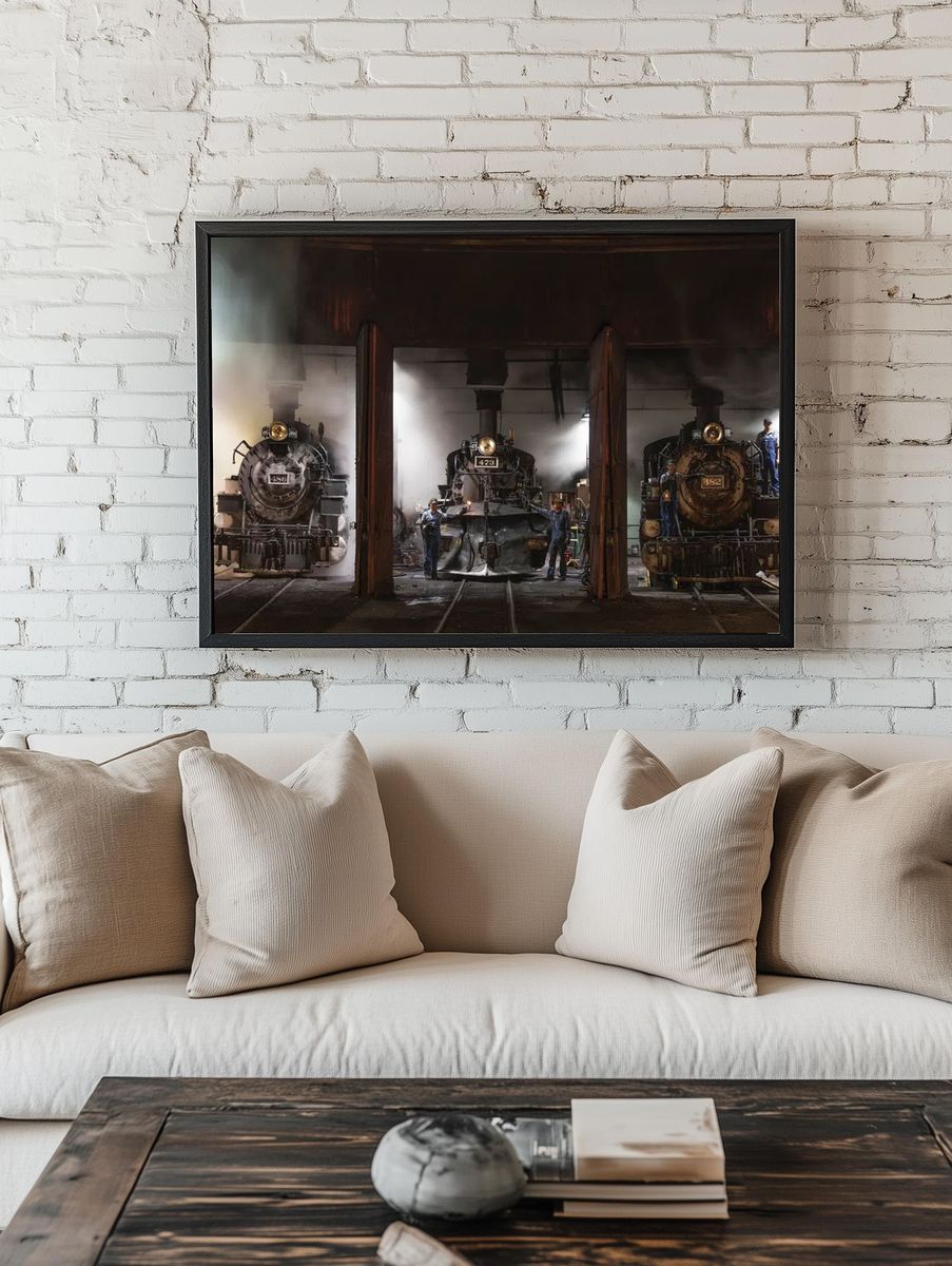 Steam Locomotives in Workshop — Vintage Print. — room view 1