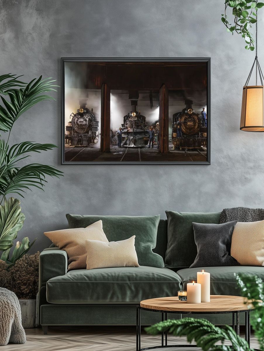 Steam Locomotives in Workshop — Vintage Print. — room view 4