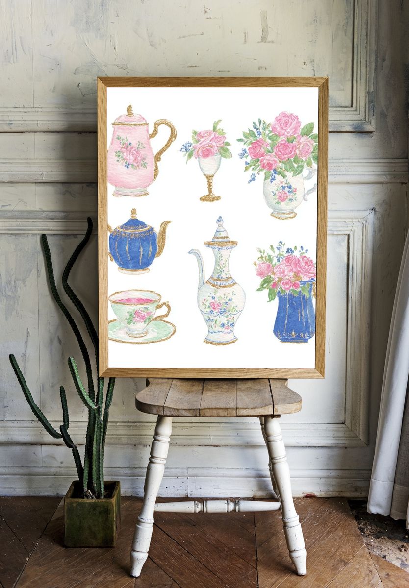 Vintage Tea Set Watercolor Poster. — room view 1