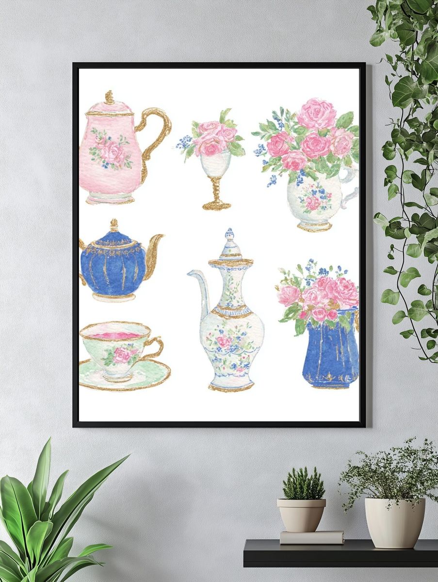 Vintage Tea Set Watercolor Poster. — room view 4