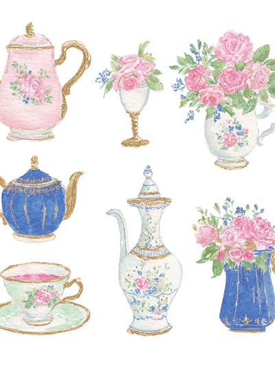 Vintage Tea Set Watercolor Poster. poster print
