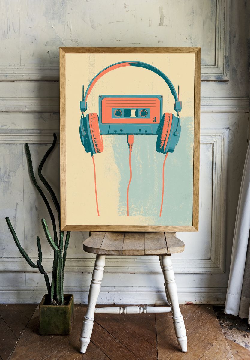 Retro Cassette Headphones Poster. — room view 1