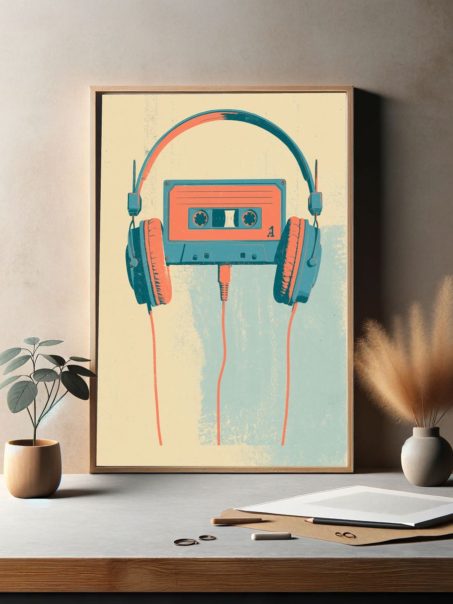 Retro Cassette Headphones Poster. — room view 2