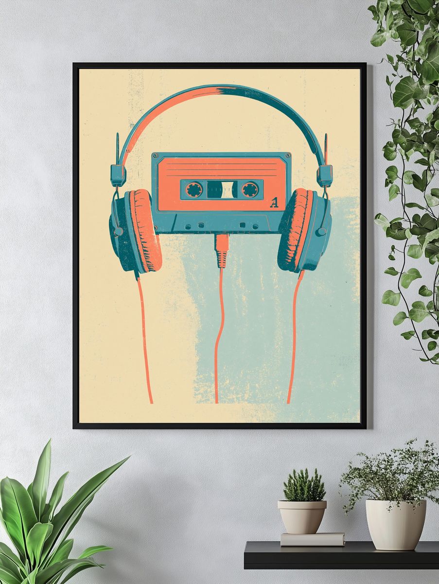 Retro Cassette Headphones Poster. — room view 4