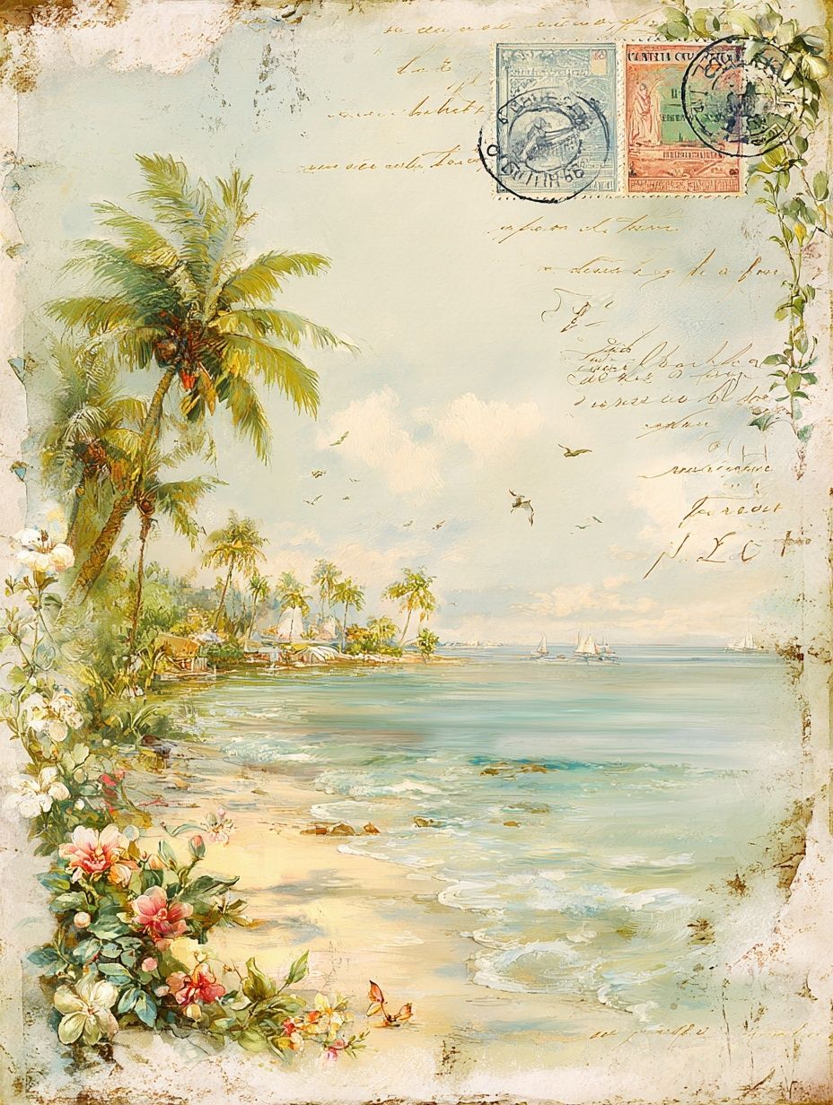 Tropical Beach Postcard Vintage Print.