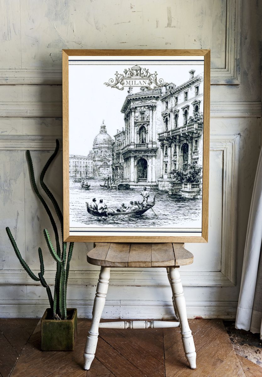 Milan Canal Scene Vintage Print. — room view 1