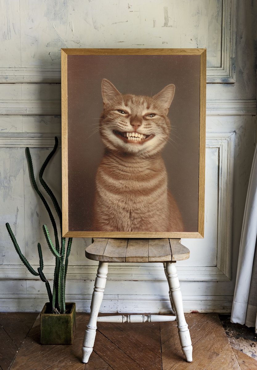 Grinning Tabby Cat Vintage Print. — room view 1