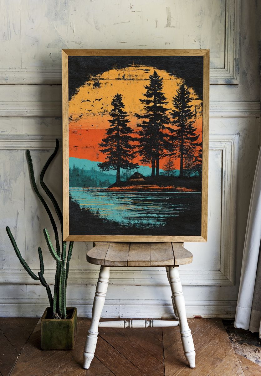 Sunset Pines Retro Print. — room view 1