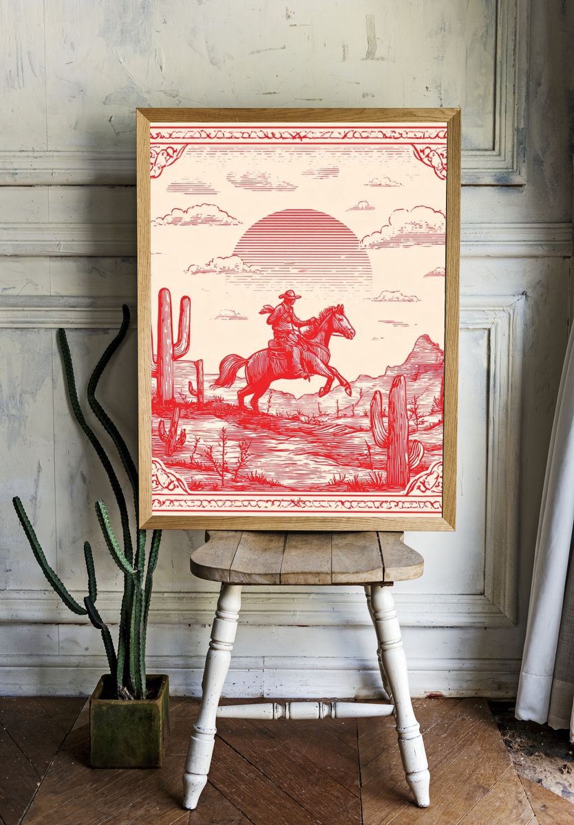 Cowboy Desert Ride Vintage Print. room preview